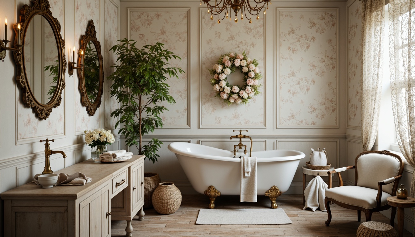 Prompt: Distressed finishes, vintage accents, soft pastel hues, ornate mirrors, antique hardware, porcelain sink, clawfoot tub, floral patterns, lace curtains, natural textiles, woven baskets, distressed wood cabinetry, elegant chandeliers, warm candlelight, 3/4 composition, shallow depth of field, realistic textures, ambient occlusion.