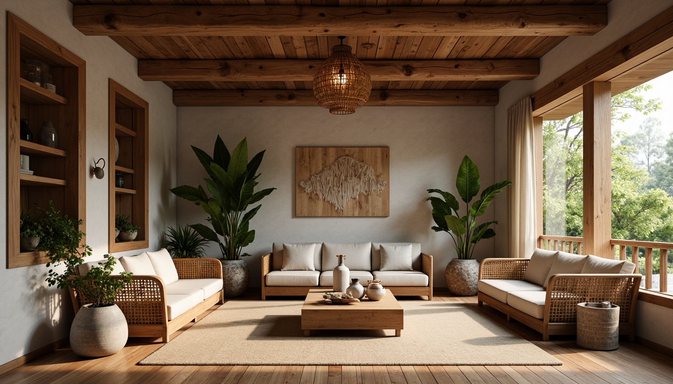 Prompt: Traditional Asian decor, natural materials, reclaimed wood accents, woven bamboo furniture, handmade paper lanterns, eco-friendly textiles, sustainable rattan wicker, organic cotton upholstery, low-VOC paints, recycled glass accessories, minimalist aesthetic, serene ambiance, soft warm lighting, shallow depth of field, 3/4 composition, realistic textures, ambient occlusion.