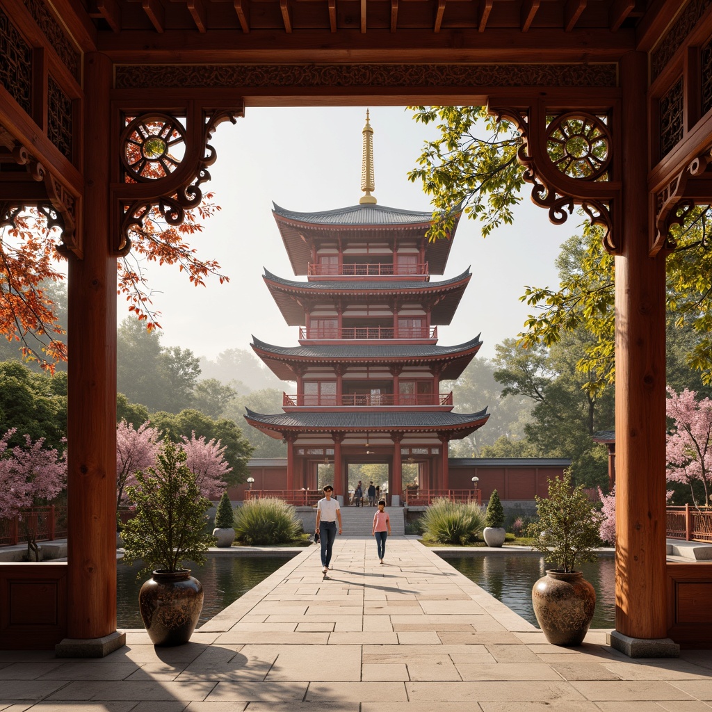 Prompt: Vibrant pagoda, intricately carved wooden accents, rich red lanterns, delicate cherry blossom patterns, subtle golden trim, ornate ceramic vases, soft silk fabrics, natural bamboo textures, warm beige stone walls, serene water features, lush green foliage, misty morning atmosphere, soft diffused lighting, 1/1 composition, cinematic color grading, realistic material reflections.