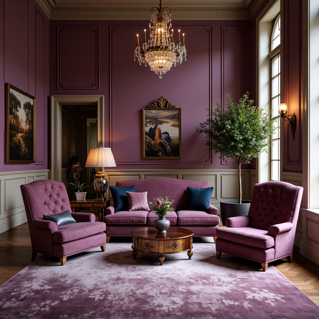 Prompt: Rich plum walls, luxurious velvet fabrics, soft lavender accents, warm beige tones, metallic gold details, ornate wooden furniture, opulent crystal chandeliers, lavish flower arrangements, serene morning light, subtle gradient effects, 1/2 composition, intimate atmosphere, realistic fabric textures, ambient lighting.