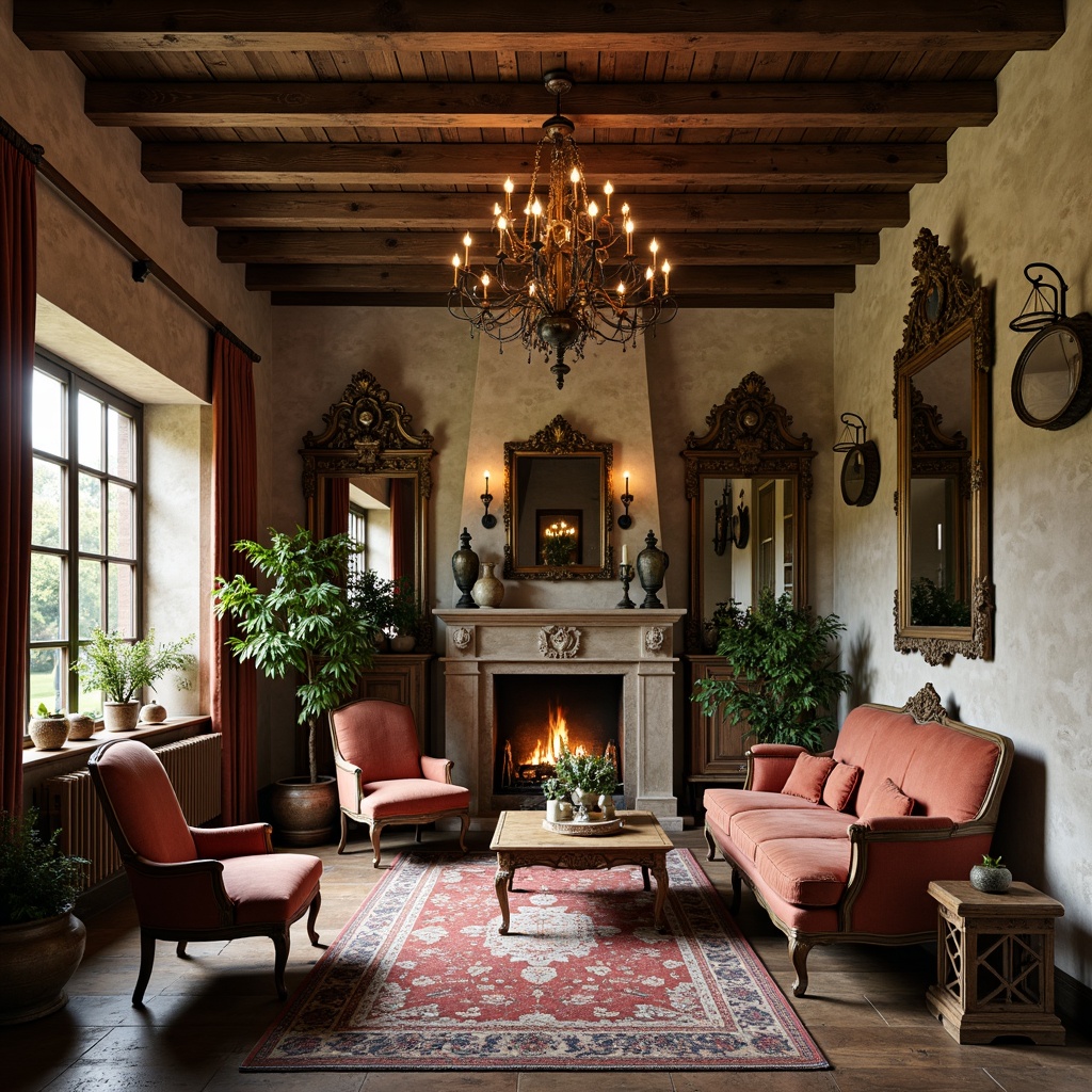 Prompt: Rustic farmhouse interior, ornate Baroque furniture, distressed wood accents, velvet upholstery, gilded frames, intricate carvings, ornamental mirrors, vintage accessories, earthy color palette, natural stone flooring, brick walls, wooden beams, grand chandelier, soft warm lighting, shallow depth of field, 1/1 composition, realistic textures, ambient occlusion.