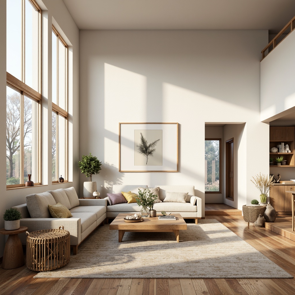 Prompt: Bright Nordic living room, large windows, soft warm natural light, wooden floors, minimalist decor, monochromatic color scheme, cozy textiles, woven baskets, nature-inspired artwork, organic shapes, simplistic lines, eco-friendly materials, sustainable design, airy atmosphere, calm ambiance, gentle shadows, shallow depth of field, 1/1 composition, soft focus, realistic textures.