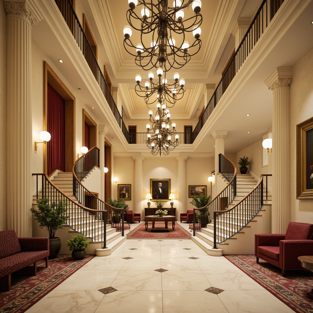 Prompt: Elegant hotel lobby, grand staircase, ornate chandeliers, cream-colored marble floors, rich wood paneling, classical columns, intricate moldings, neutral color palette, soft golden lighting, luxurious furnishings, velvet drapes, patterned rugs, framed oil paintings, gilded frames, ornamental mirrors, sculptural details, subtle textures, classic proportions, symmetrical composition, warm atmospheric ambiance.