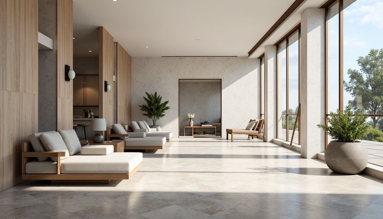 Prompt: Monochromatic modern interior, soft pastel hues, calming atmosphere, sleek minimalism, marble accents, metallic chrome details, glass surfaces, warm beige tones, rich charcoal grays, deep blues, subtle texture overlays, ambient lighting, shallow depth of field, 1/1 composition, realistic renderings, intricate patterns, natural materials, luxurious fabrics.