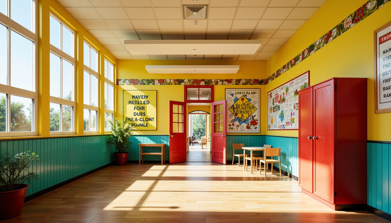 Prompt: Vibrant elementary school, Art Deco style, bright yellow walls, turquoise accents, bold red doors, geometric patterns, ornate metalwork, decorative tiles, creamy white ceilings, large windows, natural light, warm wood floors, colorful lockers, playful typography, educational charts, fun murals, lively corridors, sunny day, soft warm lighting, shallow depth of field, 1/2 composition, realistic textures, ambient occlusion.