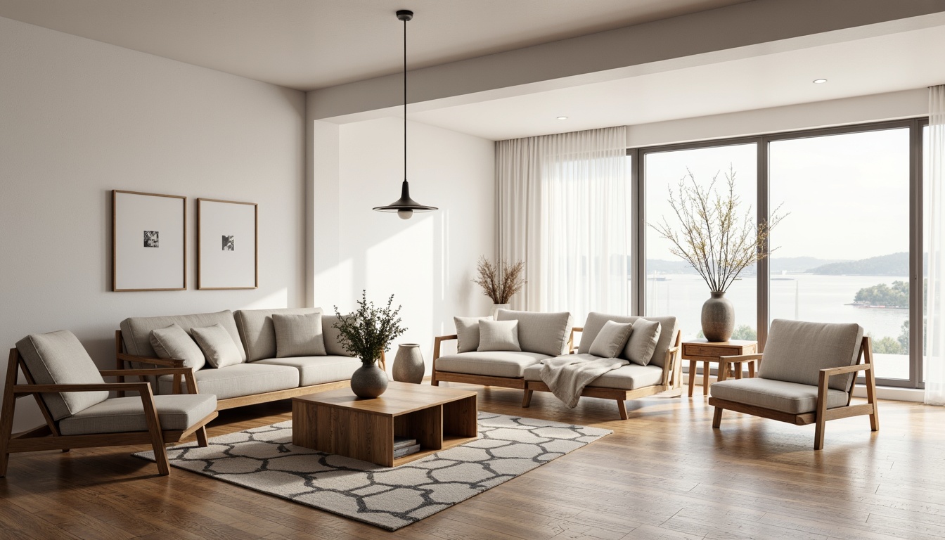 Prompt: Light-filled living room, wooden flooring, minimalist decor, Nordic-inspired furniture, sleek low-profile sofas, oak wood coffee tables, geometric-patterned rugs, monochromatic color scheme, natural textiles, pendant lamps, floor-to-ceiling windows, sheer white curtains, cozy reading nooks, subtle warm lighting, 1/1 composition, shallow depth of field, realistic wood textures.