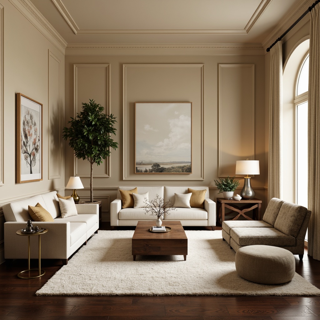 Prompt: Elegant living room, warm beige walls, dark hardwood floors, plush area rugs, comfortable sofas, accent chairs, tufted ottomans, wooden coffee tables, metallic lamp fixtures, natural fabrics, velvet pillows, linen drapes, subtle patterns, soft cream colors, gentle lighting, 1/1 composition, atmospheric perspective, realistic textures, ambient occlusion.