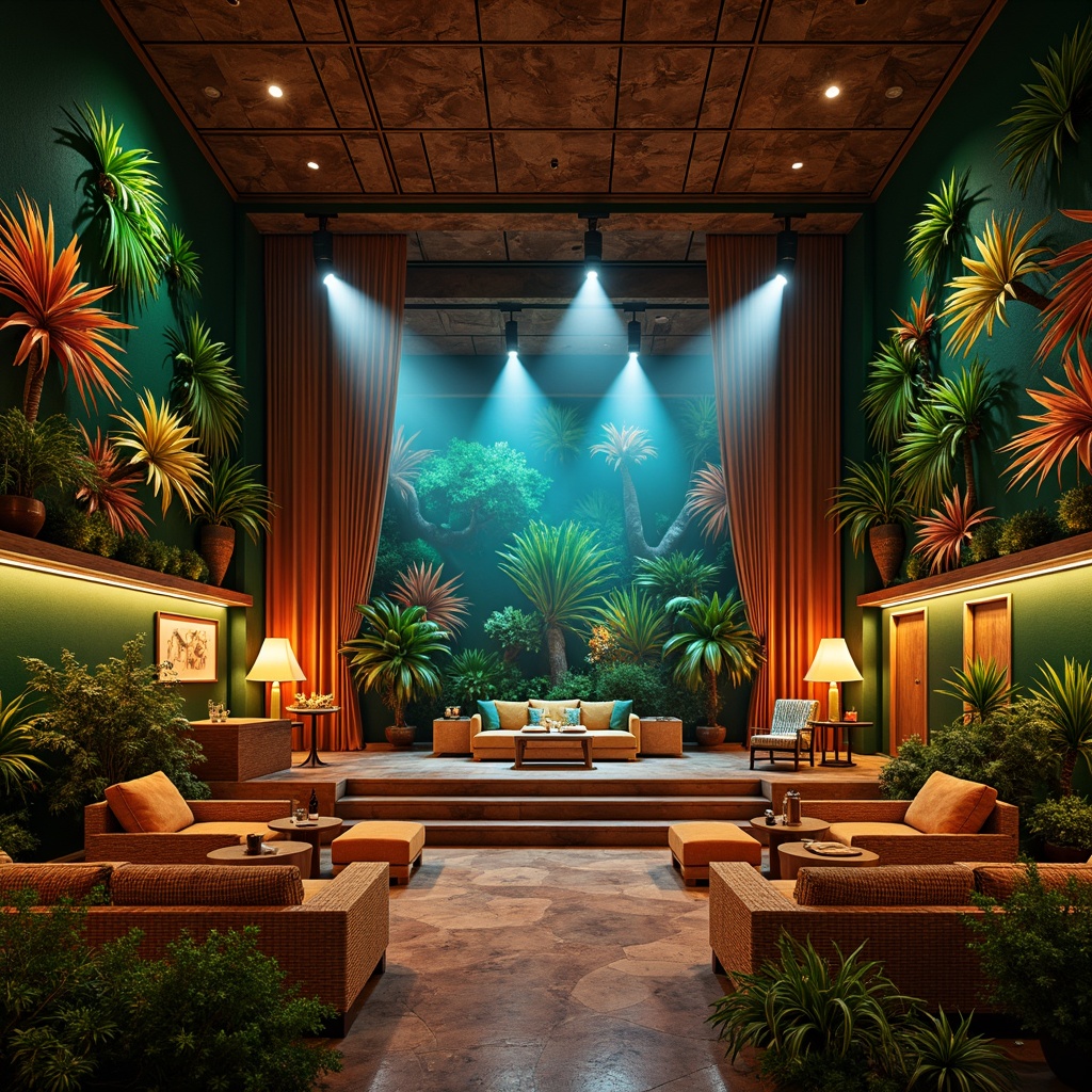 Prompt: Vibrant tropical theater, lush green walls, exotic palm trees, colorful tiki torches, warm soft lighting, rustic wooden accents, woven rattan furniture, natural fiber textiles, ocean-inspired color palette, coral reef patterns, dramatic spotlights, floor-to-ceiling curtains, luxurious velvet drapes, golden metallic fixtures, crystal chandeliers, ambient LED lights, cozy seating areas, tropical flower arrangements, misty atmospheric effects, 1/1 composition, shallow depth of field, warm white balance.