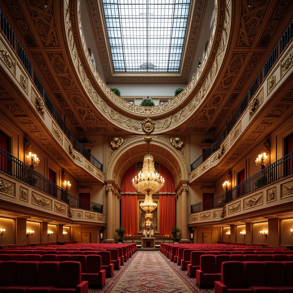 Prompt: Intricate ornamental patterns, flowing organic lines, grand auditorium space, lavish chandeliers, sculpted wooden paneling, curved balconies, velvety red seats, golden accents, rich textiles, ornate metalwork, stained glass ceiling, natural light pouring in, soft warm glow, shallow depth of field, 1/1 composition, symmetrical framing, high dynamic range, detailed architectural rendering, realistic material reflections.