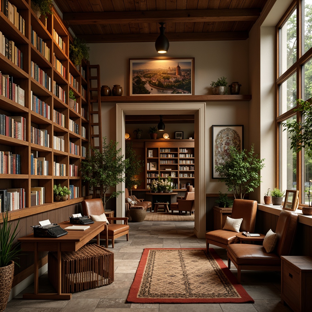 Prompt: Cozy bookstore interior, warm wooden shelves, comfortable reading nooks, soft cushions, vintage typewriters, leather-bound books, earthy color tones, natural stone flooring, rustic wood accents, dimmable lighting, warm beige walls, plush area rugs, floor-to-ceiling bookcases, ladder bookshelves, wooden desk lamps, woven baskets, rich brown leather armchairs, golden metal fixtures, calming atmosphere, shallow depth of field, 2/3 composition, soft focus, natural textures.