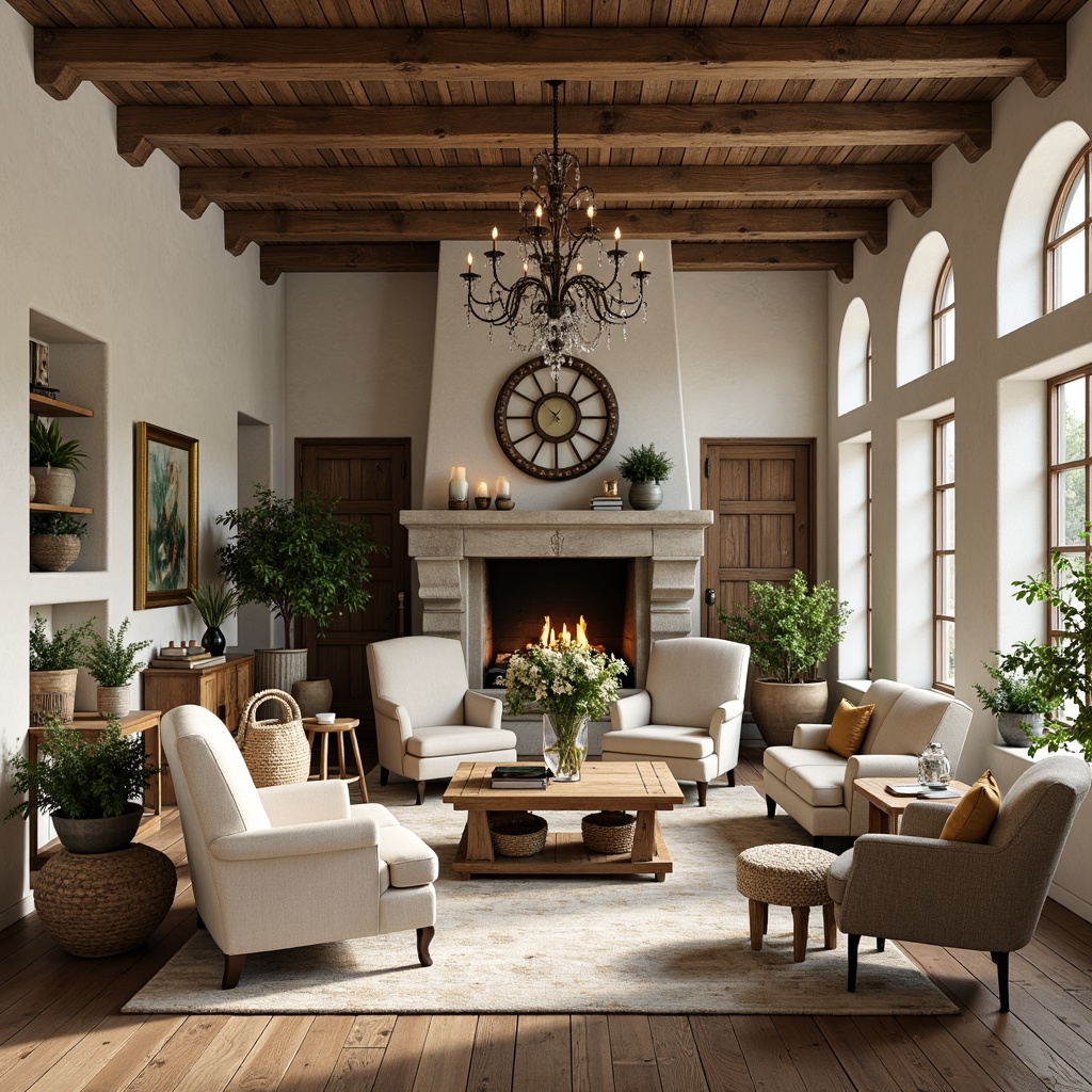 Prompt: Rustic farmhouse, distressed wood, vintage accents, soft linen upholstery, carved wooden legs, ornate metalwork, creamy whites, warm beiges, weathered stone walls, lush greenery, natural fabrics, woven baskets, antique accessories, classic berg\u00e8re chairs, plush velvet sofas, elegant crystal chandeliers, soft candlelight, shallow depth of field, 1/1 composition, realistic textures, ambient occlusion.