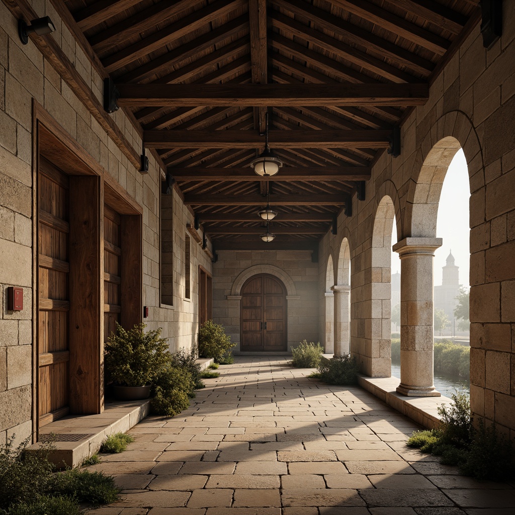 Prompt: Ancient monastery architecture, rustic stone walls, vaulted ceilings, grand wooden doors, industrial metal beams, reclaimed wood accents, exposed brickwork, mechanical pipes, distressed textures, warm soft lighting, atmospheric fog effects, cinematic camera angles, dramatic shadows, 1/1 composition, realistic renderings, subtle ambient occlusion.