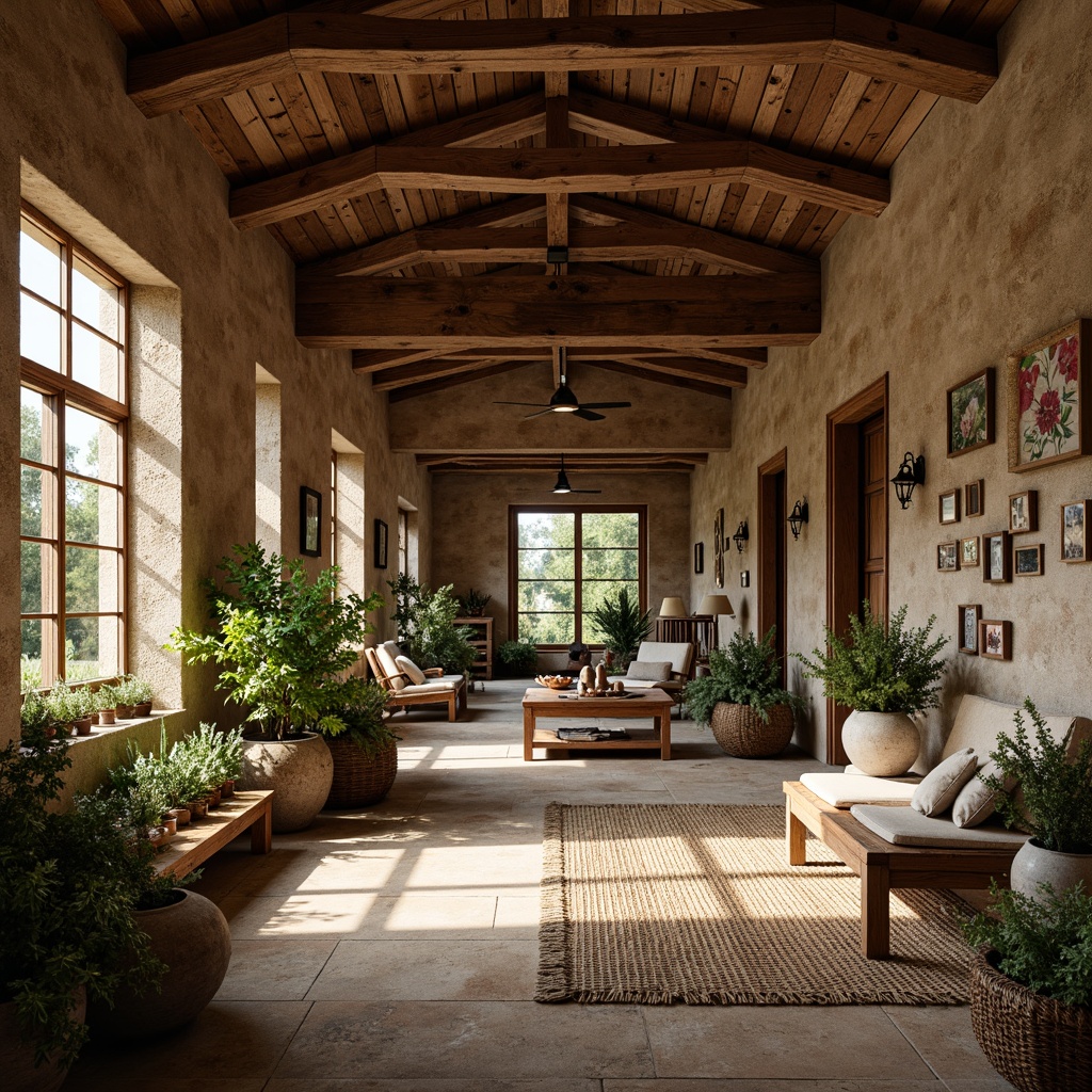 Prompt: Rustic farmhouse, open concept living area, high ceilings, wooden beams, natural stone walls, earthy color palette, vintage farm tools, woven textiles, distressed wood furniture, lush greenery, potted plants, soft warm lighting, shallow depth of field, 3/4 composition, panoramic view, realistic textures, ambient occlusion.