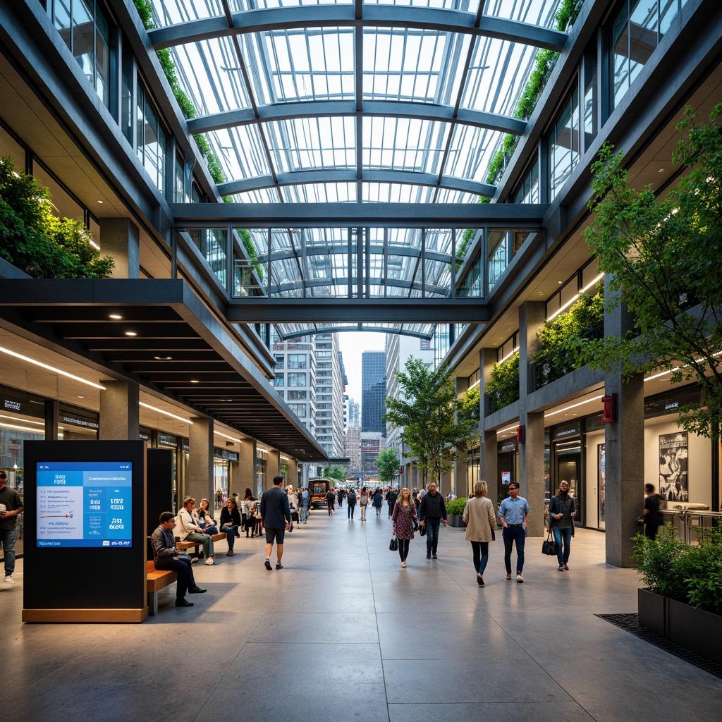 Prompt: Modern industrial bus station, sleek metal framework, glass roofs, natural ventilation systems, energy-efficient lighting, futuristic signage, digital displays, real-time schedules, comfortable seating areas, green walls, urban landscaping, bustling city atmosphere, shallow depth of field, 1/2 composition, panoramic view, realistic textures, ambient occlusion.