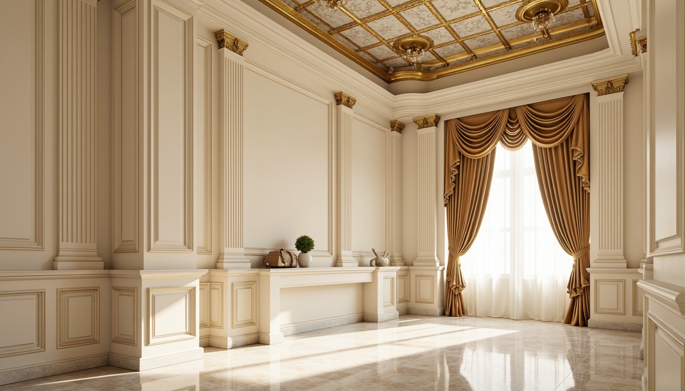 Prompt: Elegant wall finishes, ornate moldings, soft cream colors, subtle gold accents, classic pilasters, ornamental arches, decorative cornices, rich marble textures, intricate stone carvings, refined stucco details, sophisticated fresco ceilings, luxurious velvet drapes, warm golden lighting, shallow depth of field, 1/1 composition, realistic textures, ambient occlusion.