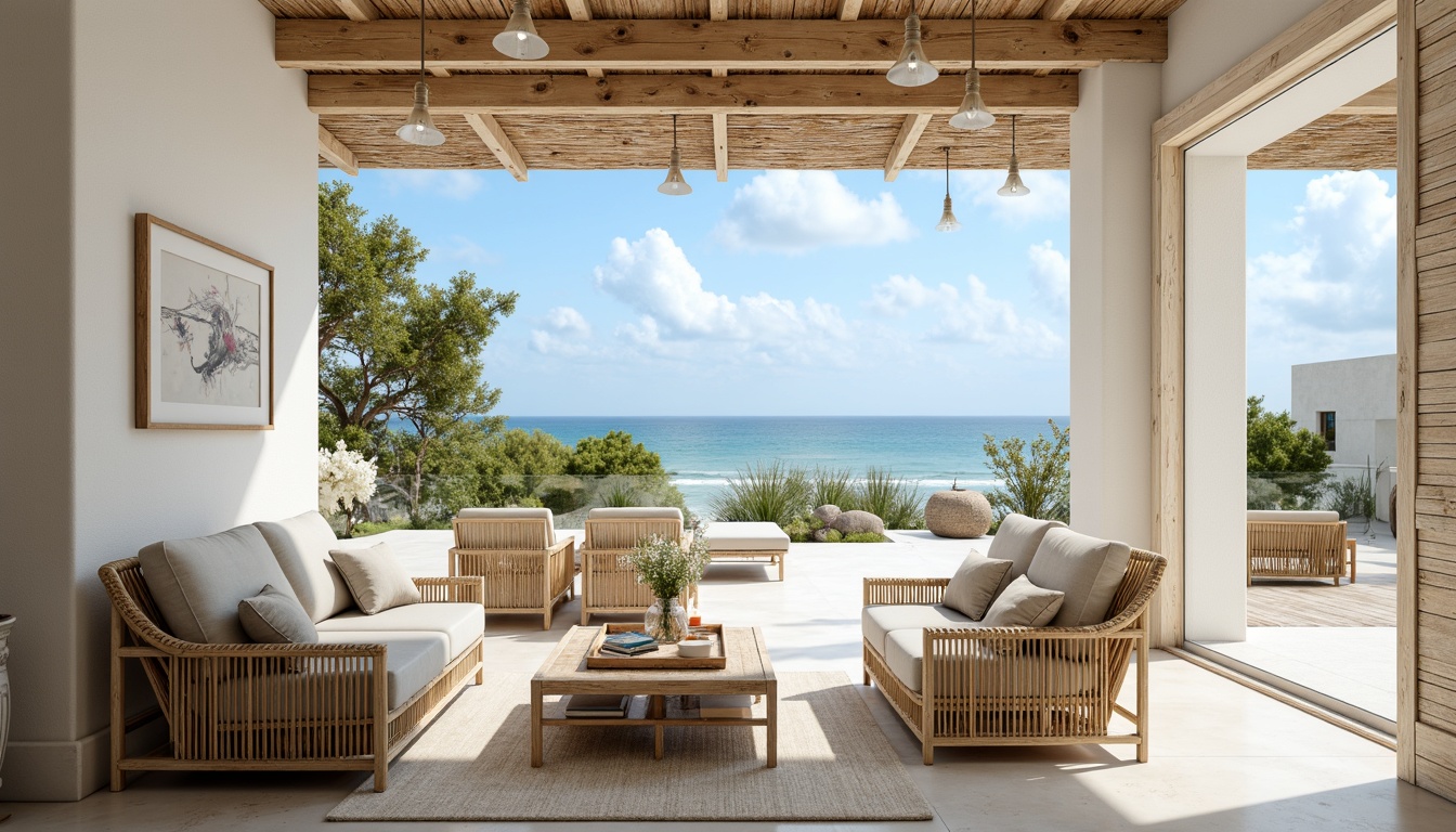 Prompt: Seaside villa, driftwood accents, soft creamy whites, calming blues, natural linen textures, woven rattan furniture, glass pendant lights, nautical rope details, distressed wood finishes, coral-inspired patterns, beachy vibe, warm sunny days, gentle sea breeze, 1/1 composition, shallow depth of field, realistic renderings, ambient occlusion.