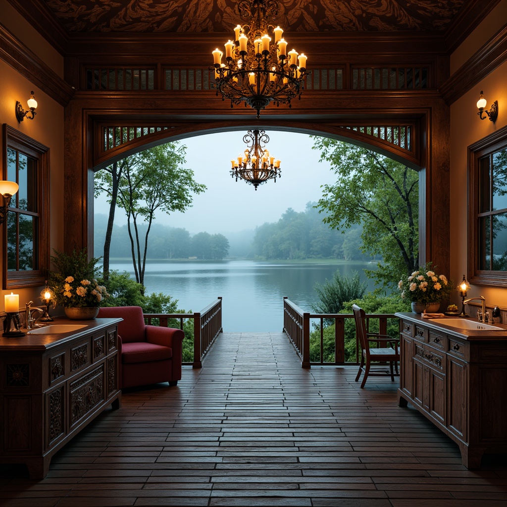 Prompt: Rustic wooden dock, ornate ironwork, grandiose chandeliers, lavish velvet drapes, rich mahogany furniture, soft candlelight, warm golden hues, deep blues and emerald greens, luxurious marble countertops, intricately carved wooden accents, Baroque-inspired architectural details, mystical foggy mornings, serene lake reflections, shallow depth of field, 1/1 composition, dramatic lighting, realistic textures, ambient occlusion.