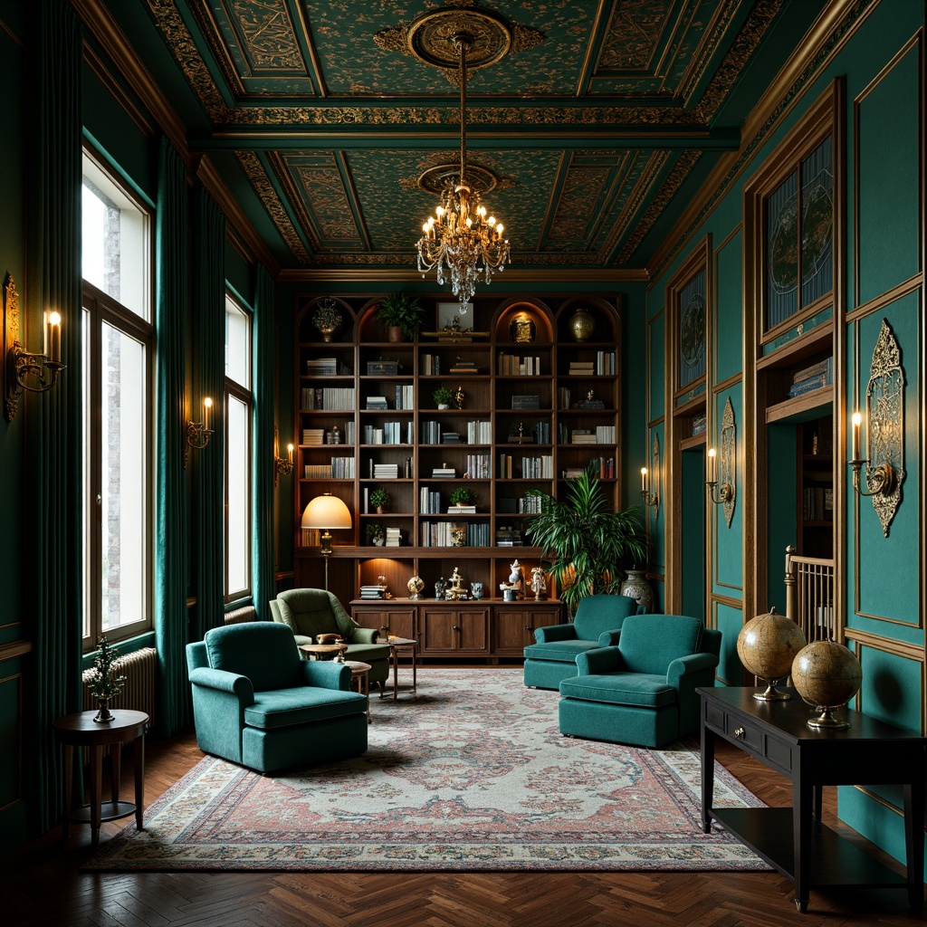 Prompt: Luxurious library interior, Art Deco style, rich jewel tones, emerald green walls, navy blue accents, metallic gold details, ornate bronze fixtures, intricate geometric patterns, velvet drapes, plush armchairs, dark wood paneling, vintage books, antique globes, soft warm lighting, dramatic shadows, high contrast ratio, 1/1 composition, realistic textures, ambient occlusion.