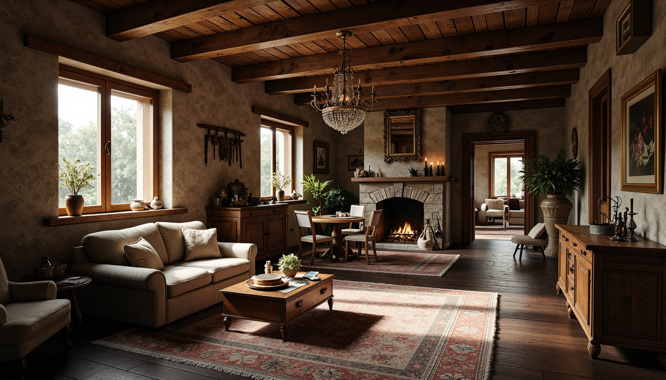 Prompt: Rustic farmhouse, ornate Baroque details, lavish furnishings, gilded accents, crystal chandeliers, intricate carvings, curved lines, ornamental metalwork, distressed wood, vintage farm tools, natural stone walls, earthy color palette, warm candlelight, soft focus, 1/1 composition, intimate atmosphere, realistic textures, ambient occlusion.