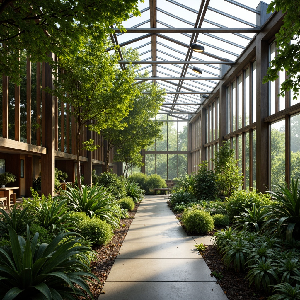 Prompt: Lush greenery, abundant natural light, mid-century modern greenhouse, sleek glass walls, minimalist steel frames, polished concrete floors, wooden accents, organic shapes, botanical gardens, tropical plants, hanging vines, warm earthy tones, soft diffused lighting, 1/1 composition, shallow depth of field, realistic plant textures, ambient occlusion.Please let me know if this meets your requirements!