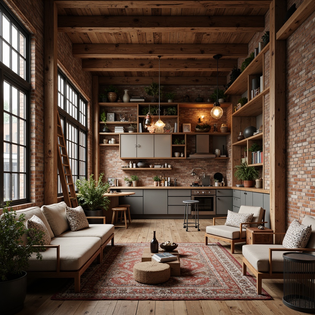 Prompt: Rustic loft interior, exposed wooden beams, industrial-chic atmosphere, reclaimed wood accents, earthy color palette, natural stone walls, metal lanterns, vintage decorative items, cozy reading nooks, plush area rugs, warm ambient lighting, shallow depth of field, 1/1 composition, realistic textures, ambient occlusion, wooden ladder, open shelving units, distressed wood finishes, pendant light fixtures, modern appliances, urban loft setting.