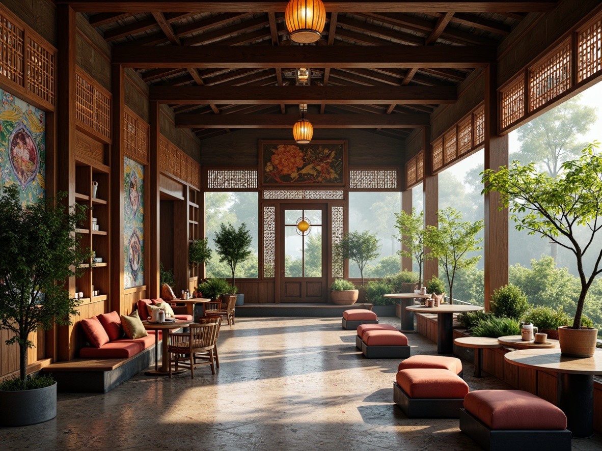 Prompt: Vibrant Asian-inspired coffee shop, intricately carved wooden accents, hand-painted ceramic tiles, ornate lanterns, lush greenery, bonsai trees, natural stone flooring, rustic wooden tables, comfy silk cushions, warm ambient lighting, soft misty atmosphere, shallow depth of field, 1/2 composition, realistic textures, subtle camera movements.