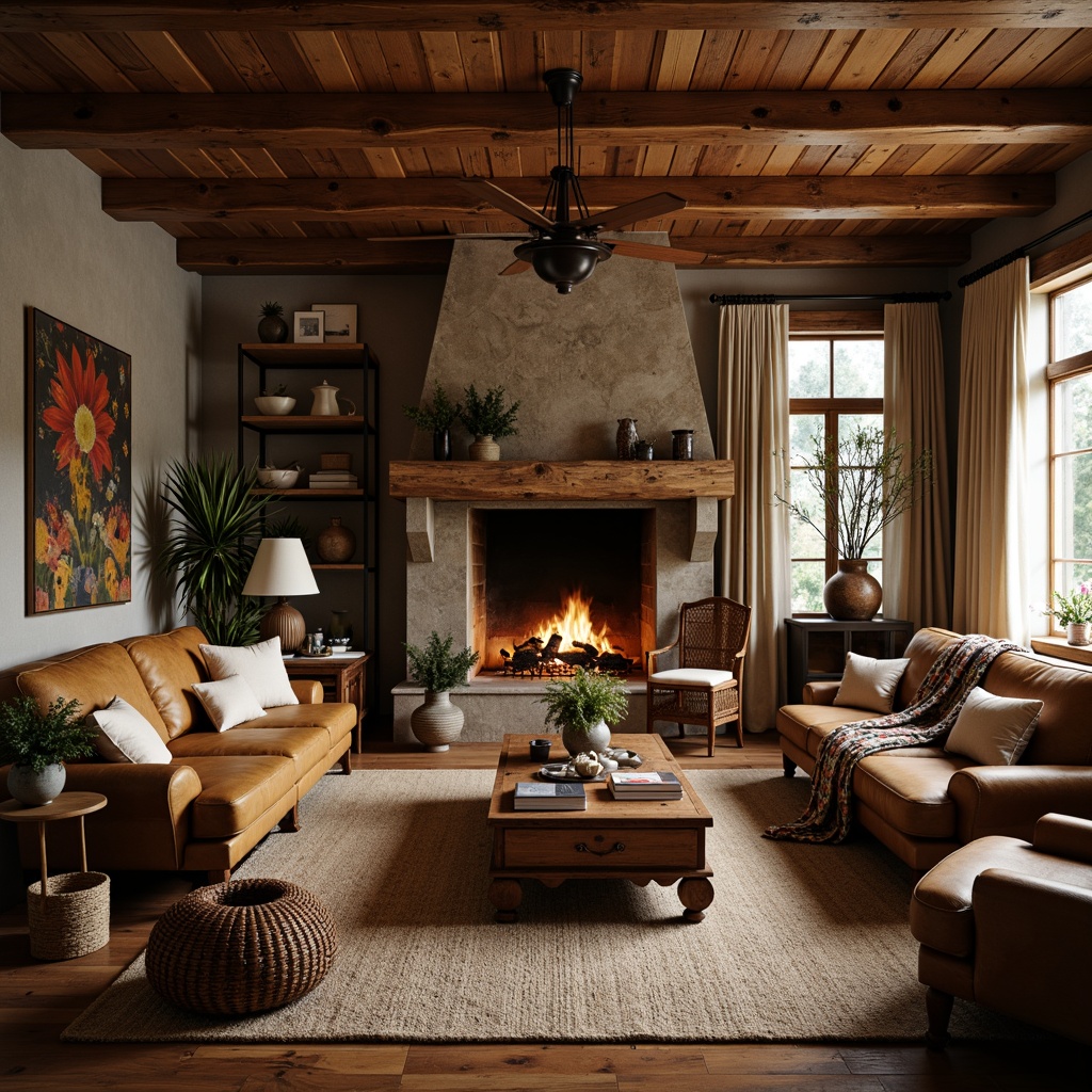 Prompt: Cozy living room, wooden accents, earthy tones, plush throw blankets, comfortable sofas, rustic coffee tables, vintage armchairs, woven baskets, natural fiber rugs, wooden floorboards, warm ambient lighting, soft warm color palette, traditional craftsmanship, ornate wooden details, metal hardware, rich leather upholstery, nostalgic decor items, 3/4 composition, shallow depth of field, realistic textures.