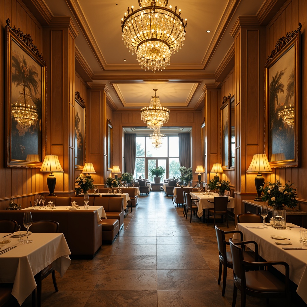 Prompt: Elegant dining hall, luxurious chandeliers, rich wood tones, warm beige walls, soft golden lighting, comfortable seating areas, formal table settings, ornate mirrors, sophisticated artwork, lavish fabrics, earthy color scheme, natural stone floors, grand ceiling heights, refined ambiance, subtle texture contrasts, atmospheric misting effect, 1/2 composition, cinematic lighting, realistic reflections.