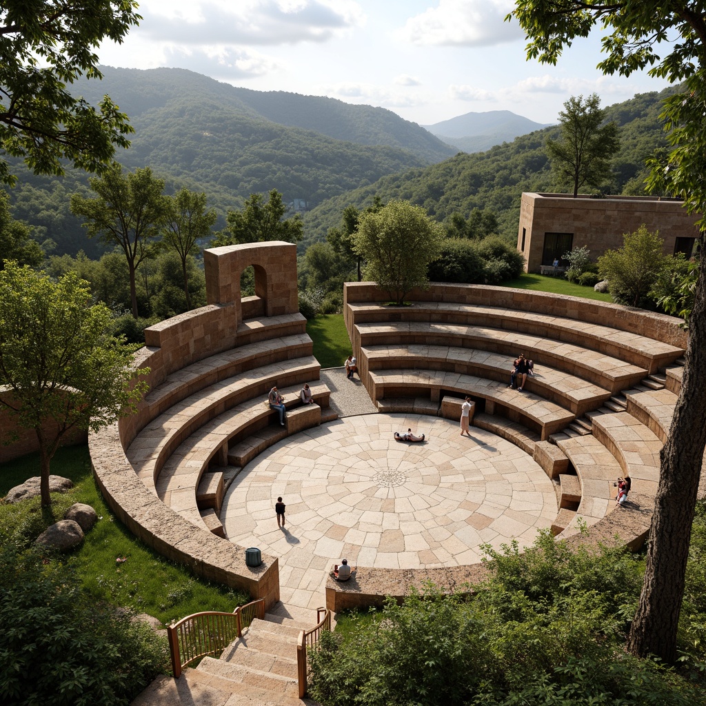 Prompt: Organic amphitheater, natural stone seating, wooden railings, lush greenery, tropical plants, earthy tones, rustic architecture, curved lines, open-air performance space, gentle slopes, grassy hillsides, scenic vistas, warm sunny day, soft diffused lighting, dramatic shadows, 1/1 composition, intimate atmosphere, realistic textures, ambient occlusion.