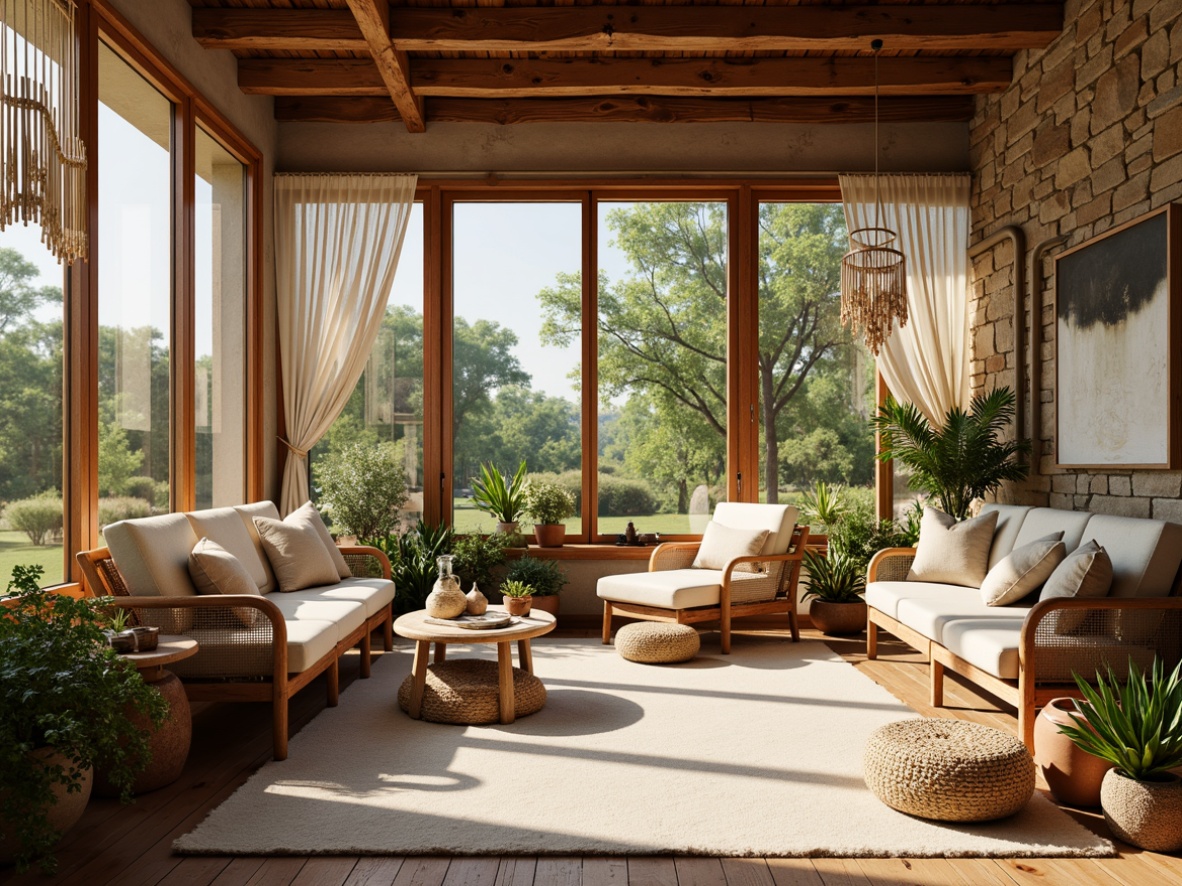 Prompt: Cozy sunroom, warm natural light, large windows, sliding glass doors, wooden flooring, woven rattan furniture, plush throw pillows, soft velvet upholstery, natural stone walls, rustic brick accents, earthy terracotta pots, lush greenery, hanging plants, delicate macrame details, organic linen textiles, rough-hewn wood beams, warm beige color palette, soft diffused lighting, shallow depth of field, 1/2 composition, intimate atmosphere.