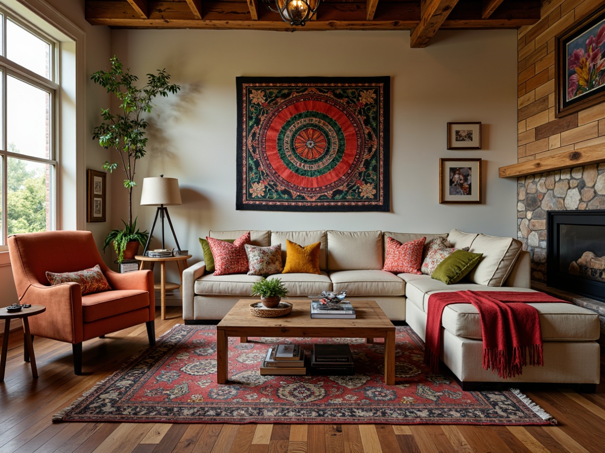 Prompt: Vibrant family room, eclectic style furniture, mix-and-match pieces, vintage armchair, distressed wood coffee table, colorful patterned rug, plush sectional sofa, reclaimed wood accent wall, industrial metal floor lamp, bohemian-inspired tapestry, natural fiber throw pillows, bold graphic artwork, richly textured blankets, warm golden lighting, cozy reading nook, 1/2 composition, soft focus blur, inviting atmosphere.