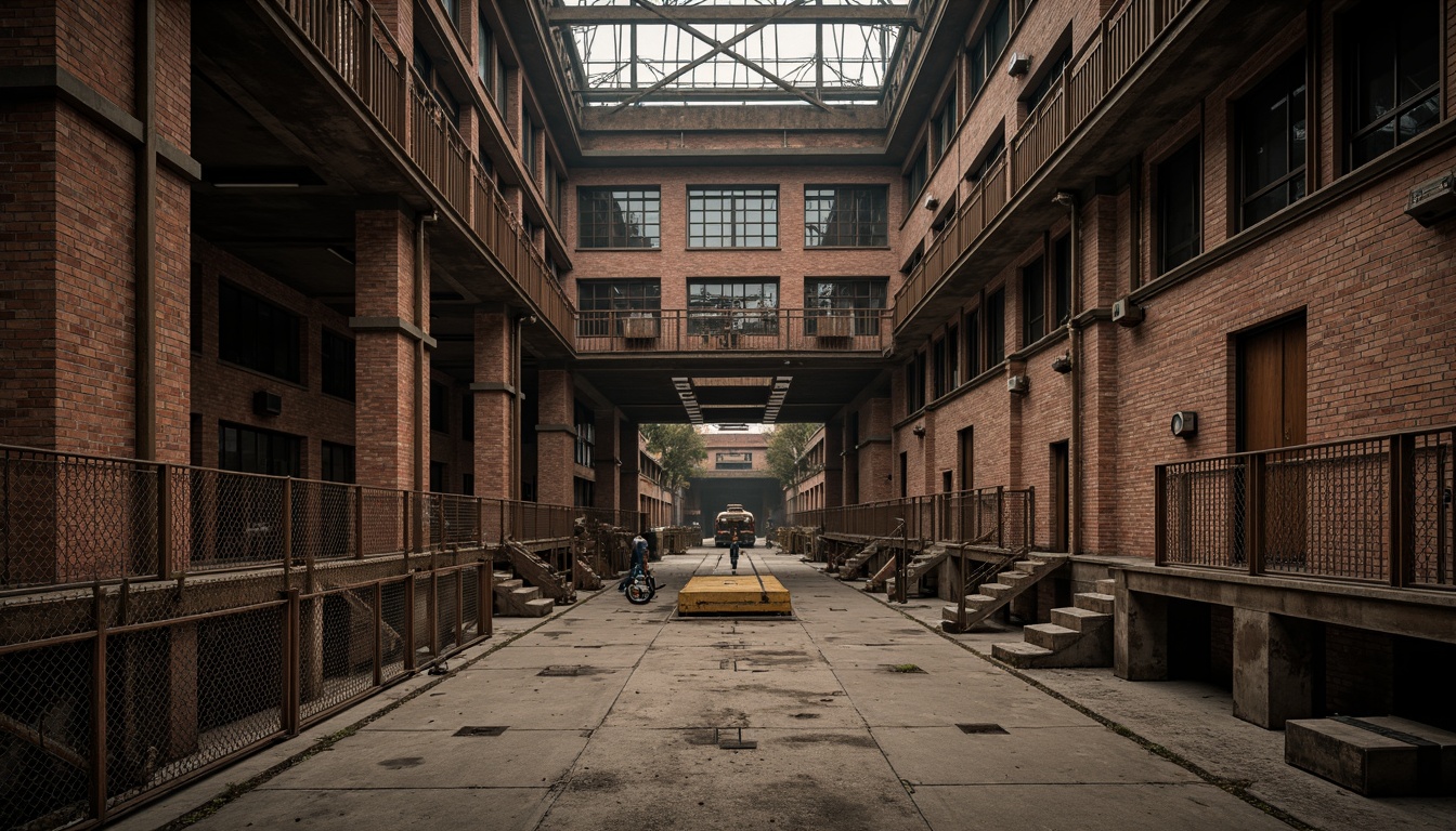 Prompt: Rugged industrial landscape, exposed brick walls, steel beams, concrete floors, metal pipes, industrial machinery, factory equipment, brutalist architecture, urban decay, distressed textures, worn-out surfaces, rusty metal accents, chain-link fences, overhead cranes, dim warm lighting, shallow depth of field, 2/3 composition, cinematic atmosphere, gritty realism, weathered materials.