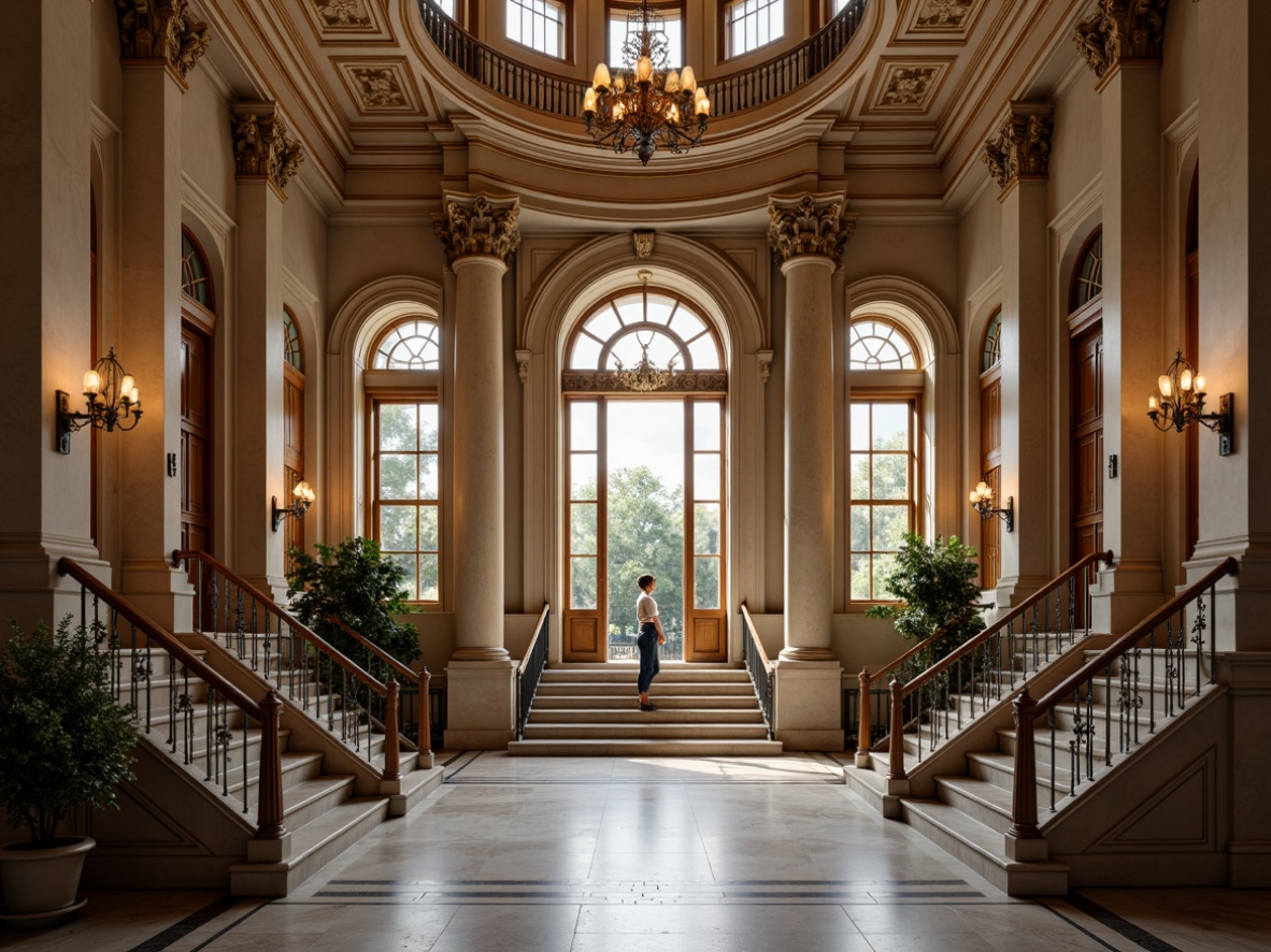 Prompt: Grand entrance, imposing columns, ornate pediments, symmetrical facade, classical arches, marble flooring, intricate moldings, ornamental railings, stately chandeliers, majestic domed ceiling, elegant staircases, refined wooden doors, polished metal fixtures, subtle warm lighting, soft focus, 1/1 composition, formal atmosphere, realistic textures, ambient occlusion.