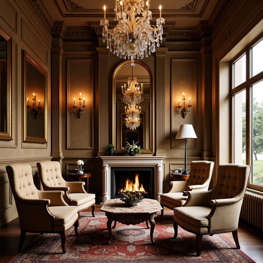 Prompt: Elegant armchairs, tufted velvet upholstery, carved wooden legs, ornate mirrors, crystal chandeliers, marble coffee tables, luxurious silk fabrics, intricate moldings, gilded frames, rich wood paneling, classic columns, symmetrical compositions, warm golden lighting, soft focus, 1/2 composition, ornate metal fixtures, subtle texture overlays.