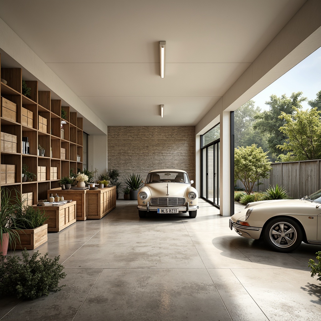 Prompt: Modern family garage, streamline moderne style, neutral color palette, creamy whites, warm beiges, soft grays, industrial metal accents, sleek glass doors, minimalist lighting fixtures, polished concrete floors, organized storage systems, rustic wooden crates, vintage car displays, natural stone walls, abundant greenery, sunny day, soft warm lighting, shallow depth of field, 3/4 composition, panoramic view, realistic textures, ambient occlusion.Note