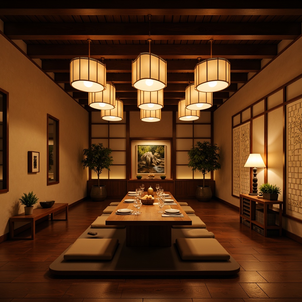 Prompt: Warm ambient lighting, traditional Asian lanterns, paper lampshades, soft warm glow, natural wood accents, intricately carved wooden panels, subtle color palette, earthy tones, rice paper screens, sliding shoji doors, minimalist decor, low seating, tatami mats, bonsai trees, Japanese-inspired artwork, gentle waterfall sounds, soft instrumental music, fragrant incense, cozy intimate atmosphere, warm beige walls, polished wood floors, subtle fragrance diffusers, elegant table settings, delicate ceramics, Asian-style calligraphy.