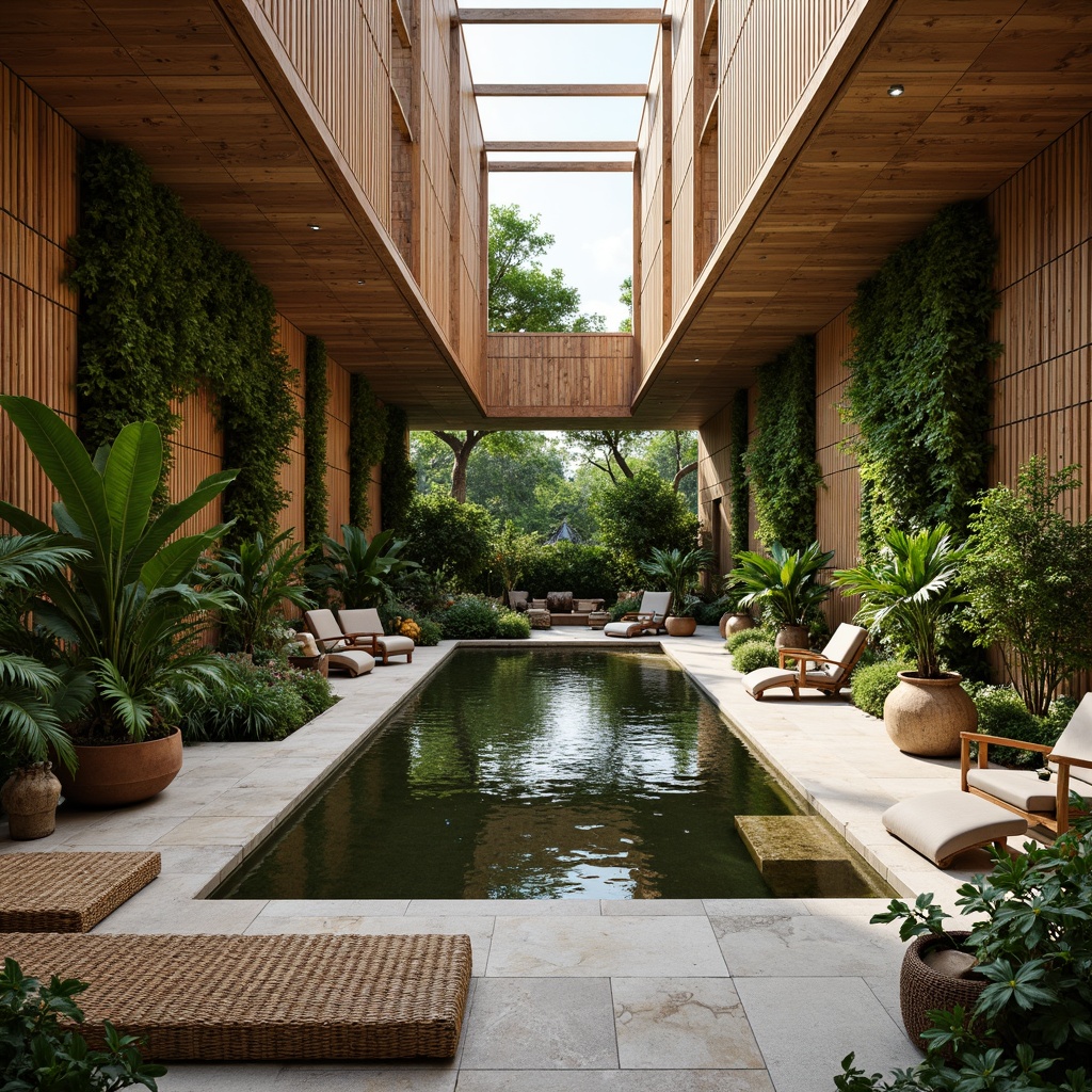 Prompt: Organic shapes, reclaimed wood accents, living green walls, natural stone flooring, earthy tone color palette, indoor water features, lush foliage, bamboo furnishings, woven textiles, rattan decorations, nature-inspired patterns, soft warm lighting, shallow depth of field, 3/4 composition, panoramic view, realistic textures, ambient occlusion.