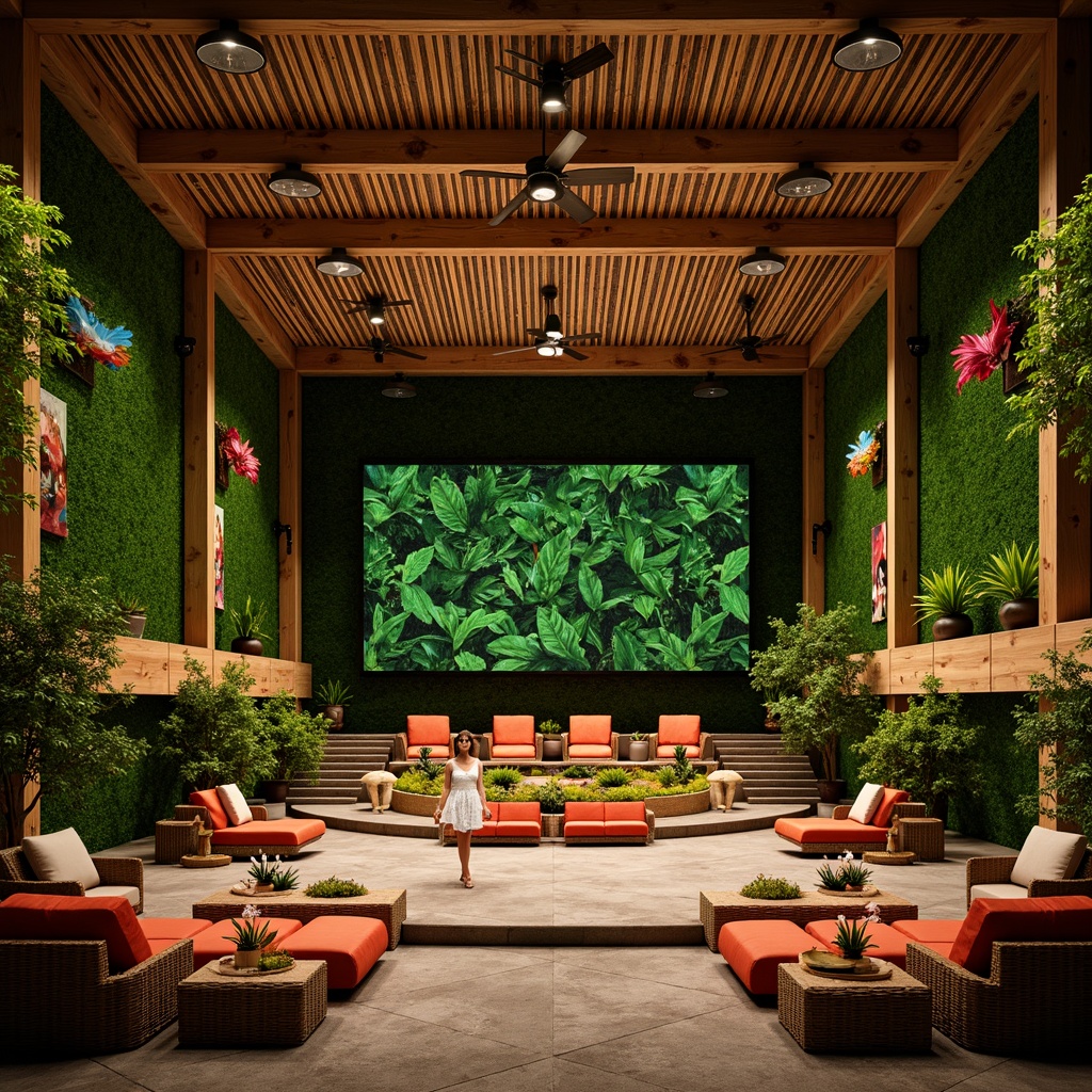 Prompt: Vibrant tropical theater, lush green walls, exotic plants, reclaimed wood accents, rattan furniture, colorful tiki torches, bamboo ceiling fans, natural textiles, plush cushions, ergonomic seating, adjustable armrests, curved rows, stepped platforms, amphitheater design, warm soft lighting, shallow depth of field, 1/1 composition, realistic shadows, ambient occlusion.