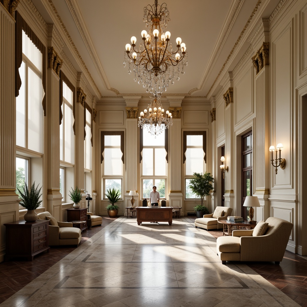 Prompt: Elegant office space, neoclassical architecture, ornate chandeliers, crystal drops, bronze fixtures, luxurious textiles, rich wood paneling, cream-colored walls, high ceilings, grand windows, soft diffused lighting, subtle warm glow, refined metalwork, intricate moldings, symmetrical compositions, 1/1 aspect ratio, shallow depth of field, realistic reflections.