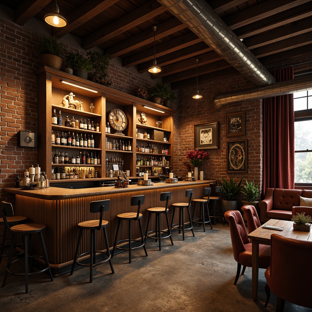 Prompt: Rustic wooden bars, worn metal stools, vintage industrial lighting, exposed brick walls, distressed concrete floors, rich leather upholstery, velvet drapes, ornate metal fixtures, eclectic decorative artifacts, warm golden lighting, soft focus, shallow depth of field, 2/3 composition, intimate atmosphere, luxurious textures, moody color palette.