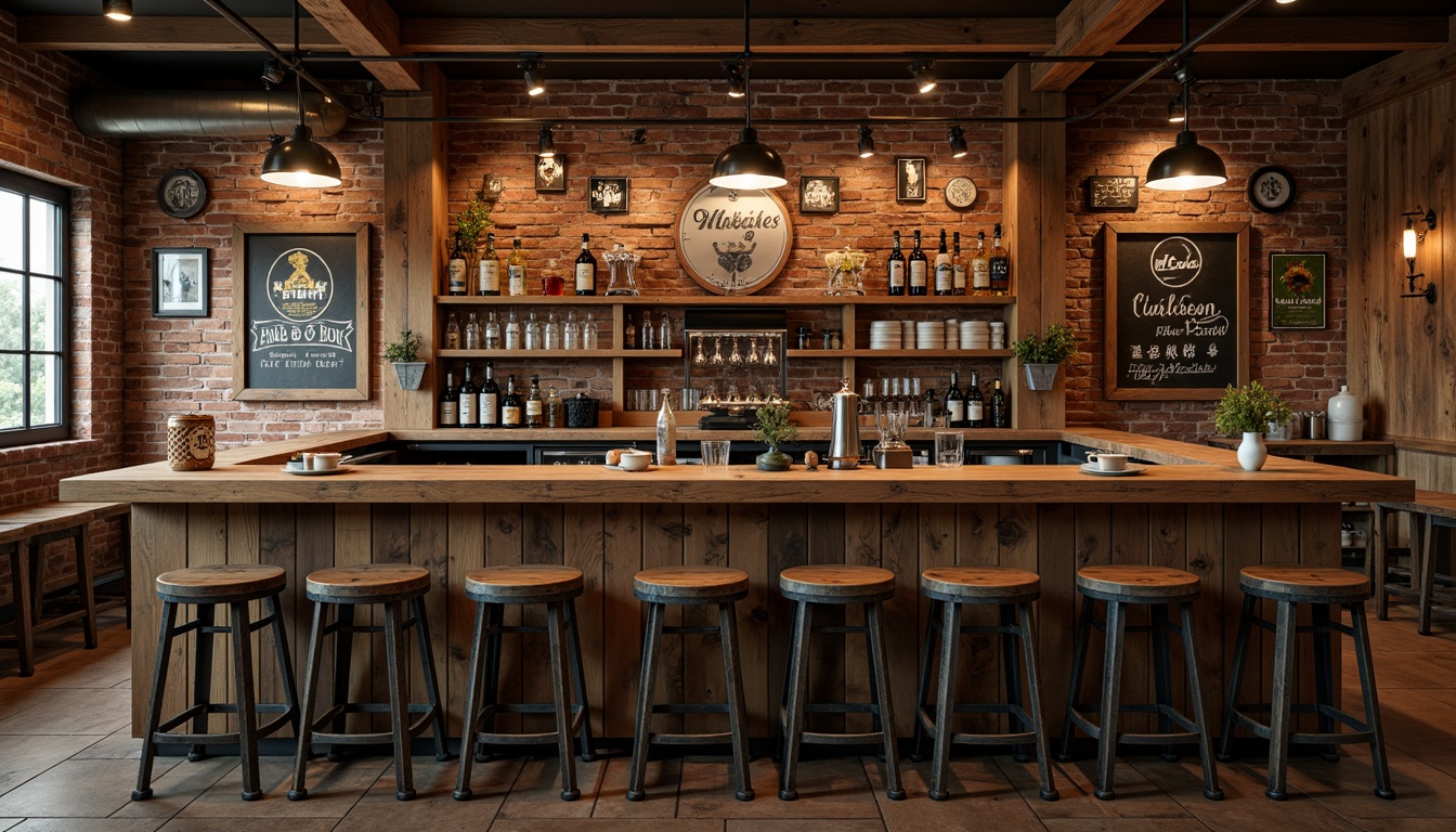 Prompt: Rustic wooden bar counter, distressed metal stools, vintage beer signs, brick wall backdrop, reclaimed wood accents, industrial metal lighting fixtures, earthy tone color palette, warm dimmed lighting, shallow depth of field, 3/4 composition, realistic textures, ambient occlusion.