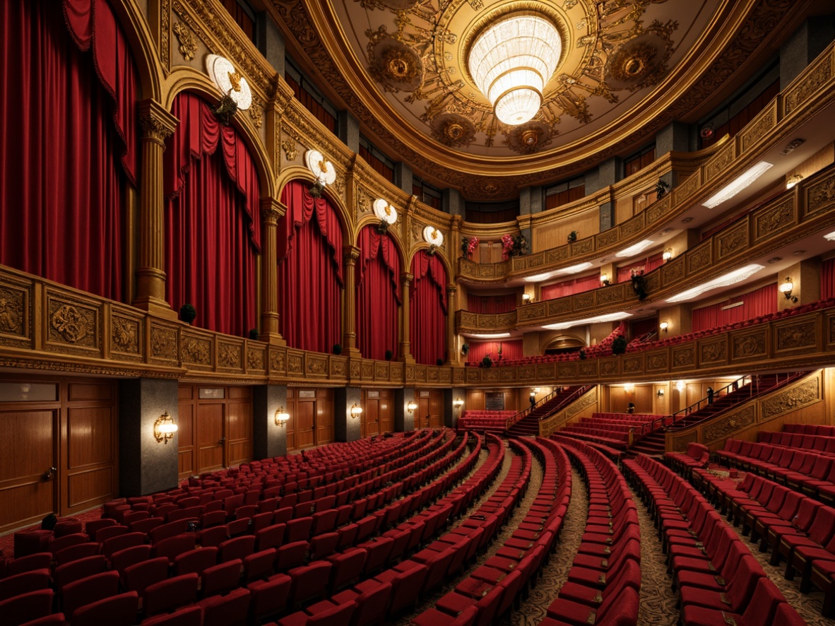 Prompt: Ornate opera house interior, rich velvet curtains, golden filigree details, intricately carved wooden panels, plush red upholstery, ornamental chandeliers, grand staircases, lavish balconies, intricate moldings, Baroque-inspired furniture, luxurious textiles, heavy drapery, dramatic lighting, warm color palette, regal atmosphere, 3/4 composition, shallow depth of field, realistic textures, ambient occlusion.