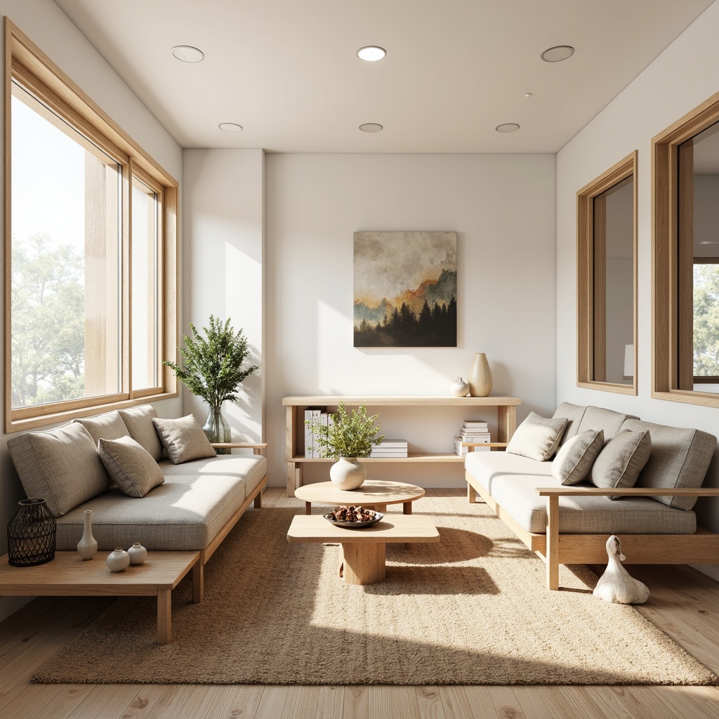 Prompt: Light-filled Scandinavian living room, minimalist wooden furniture, sleek low-profile sofas, natural oak coffee tables, woven textiles, Nordic-inspired geometric patterns, soft cream-colored walls, large windows, minimal ornamentation, functional simplicity, cozy atmosphere, warm beige lighting, shallow depth of field, 1/1 composition, realistic wood textures, ambient occlusion.