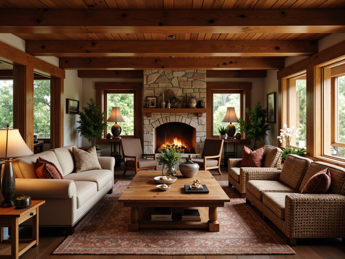 Prompt: Cozy Craftsman living room, warm wooden accents, earthy tone colors, comfortable plush furniture, rustic oak coffee tables, woven wicker chairs, vintage metal lanterns, natural stone fireplaces, rich leather upholstery, traditional intricate carvings, soft warm lighting, shallow depth of field, 1/1 composition, realistic textures, ambient occlusion.