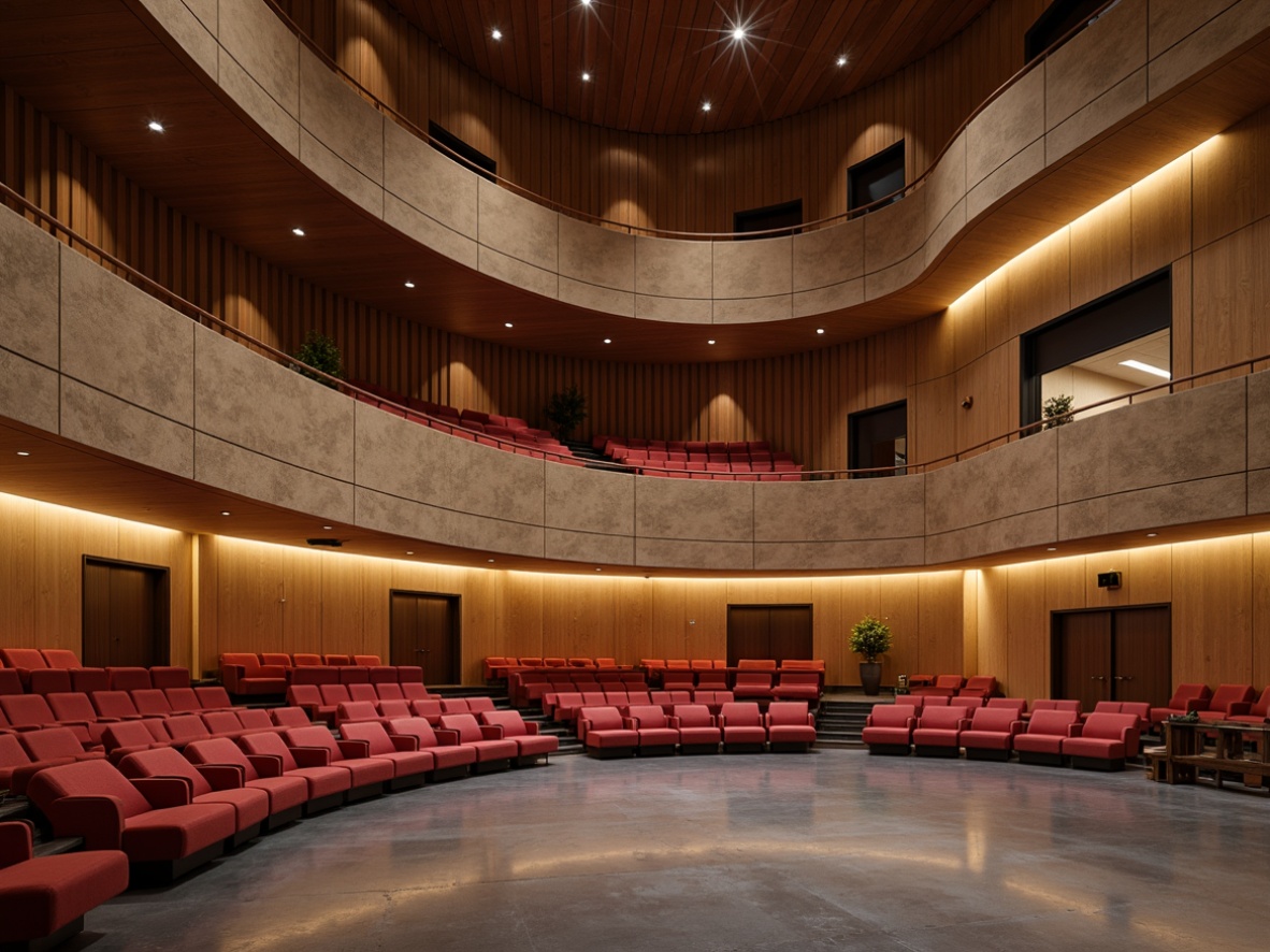 Prompt: Earth-toned amphitheater interior, warm beige stone walls, rich walnut wood accents, plush crimson red seats, soft golden lighting, velvety dark grey floors, natural texture patterns, minimalist modern architecture, subtle curved lines, acoustic sound design, dramatic spotlights, 1/2 composition, realistic material textures, ambient occlusion.