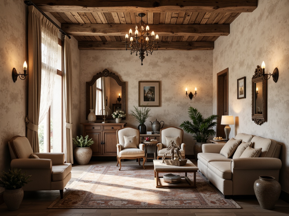 Prompt: Rustic apartment interior, textured stone walls, soft beige colors, distressed wood flooring, antique furniture pieces, vintage accessories, elegant chandeliers, ornate mirrors, plush velvet sofas, lace curtains, floral patterns, warm candlelight, cozy reading nooks, French country charm, classic architecture, curved lines, rustic wooden beams, natural fabrics, earthy tones, inviting atmosphere, shallow depth of field, 1/1 composition, softbox lighting, realistic textures.