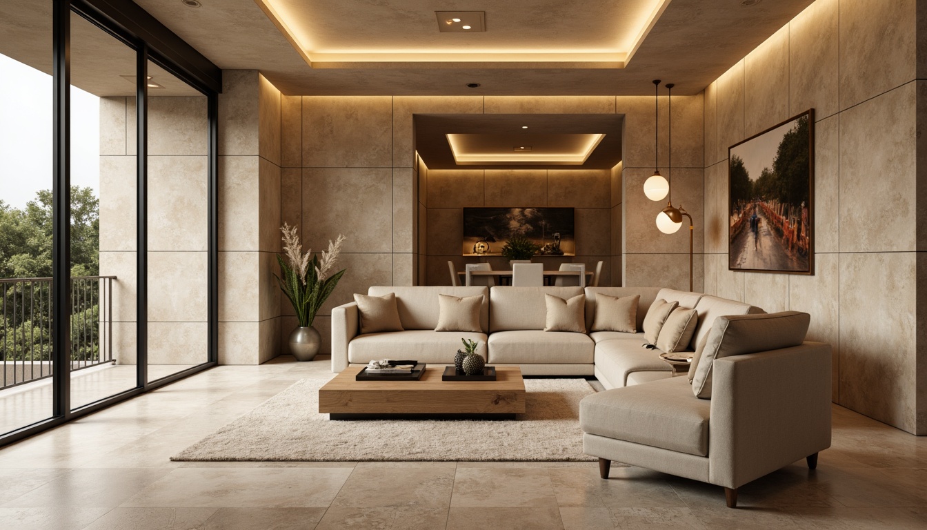 Prompt: Luxurious stone-textured walls, warm beige tones, soft ambient lighting, cove ceiling details, recessed LED strips, floor-to-ceiling windows, natural stone floors, minimalist furniture, earthy color palette, subtle shadows, 1/1 composition, realistic material textures, soft box lighting, elegant pendant lamps, metallic accents, sophisticated interior design.