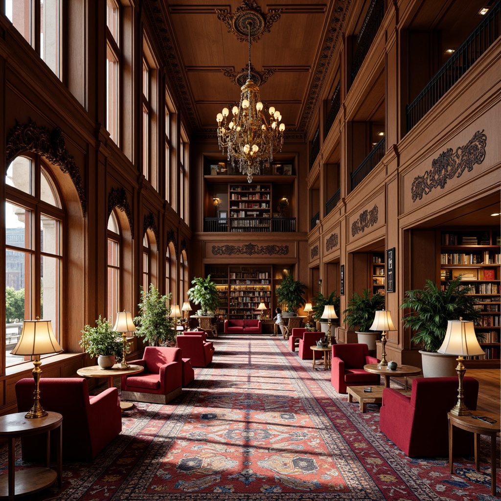 Prompt: Luxurious library, rich wood paneling, ornate metal fixtures, plush velvet armchairs, marble-topped reading tables, sleek bronze lamp posts, intricate geometric patterns, vibrant colorful rugs, grand chandelier lighting, cozy reading nooks, floor-to-ceiling bookshelves, leather-bound tomes, ornamental clock towers, symmetrical composition, warm softbox lighting, realistic textures, ambient occlusion.