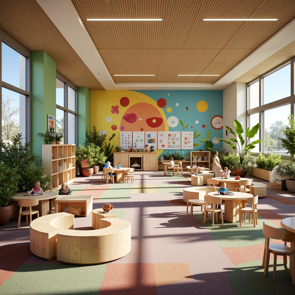 Prompt: Vibrant kindergarten interior, playful color scheme, whimsical murals, cozy reading nooks, circular tables, tiny chairs, soft carpet flooring, natural wood accents, abundance of plants, large windows, plenty of natural light, minimalist shelving units, educational wall displays, interactive play areas, sensory exploration zones, collaborative learning spaces, circular gathering spots, acoustic ceiling tiles, warm task lighting, shallow depth of field, 1/1 composition, realistic textures, ambient occlusion.