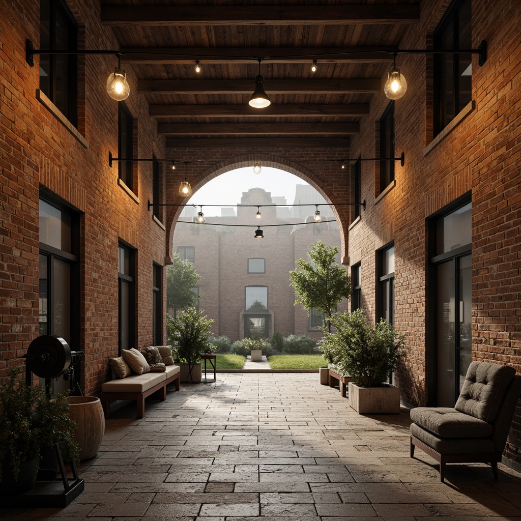 Prompt: Rustic monastery courtyard, exposed brick walls, wooden beams, industrial metal lanterns, reclaimed wood accents, distressed stone floors, vintage machinery displays, functional pulley systems, metallic pipes, minimalist modern furniture, earthy color palette, warm soft lighting, cinematic composition, atmospheric fog effects, realistic texture overlays.